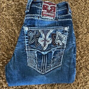 Rock Revival Distressed Blue Jeans with Embroidery